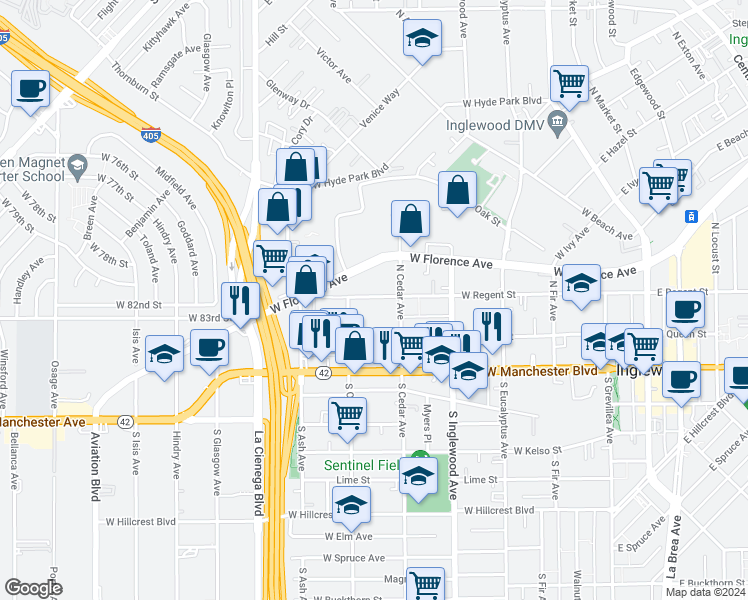 map of restaurants, bars, coffee shops, grocery stores, and more near 527 West Regent Street in Inglewood
