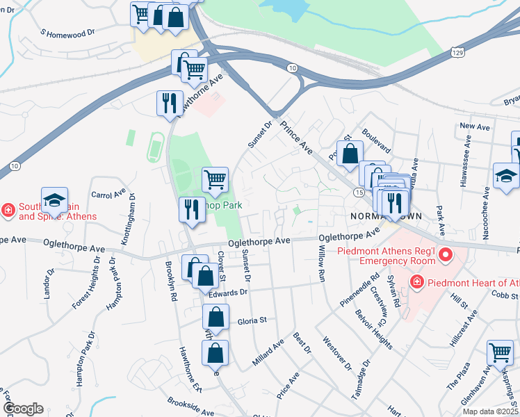 map of restaurants, bars, coffee shops, grocery stores, and more near Kenny Road in Athens