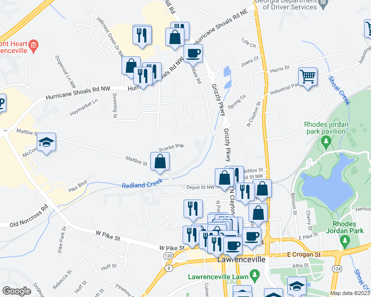 map of restaurants, bars, coffee shops, grocery stores, and more near 191 Scarlet Way in Lawrenceville