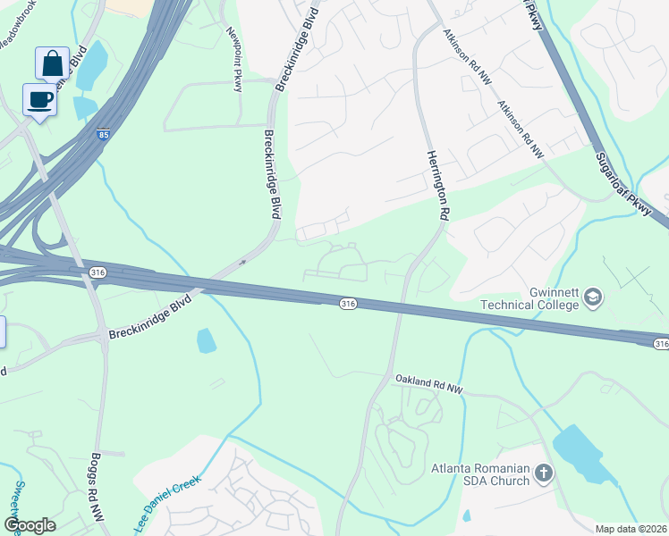 map of restaurants, bars, coffee shops, grocery stores, and more near 1564 Herrington Road in Lawrenceville