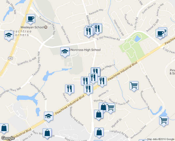 map of restaurants, bars, coffee shops, grocery stores, and more near 5196 Medlock Corners Drive in Norcross