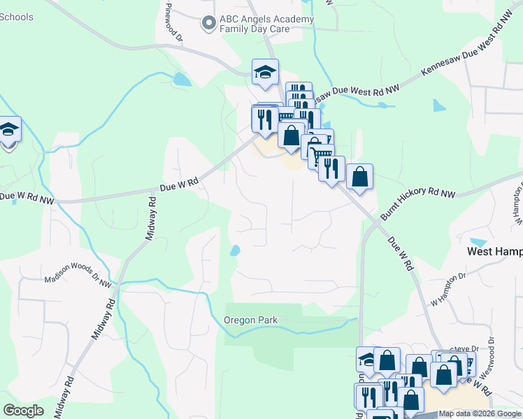 map of restaurants, bars, coffee shops, grocery stores, and more near 386 Silverthorn Drive in Marietta