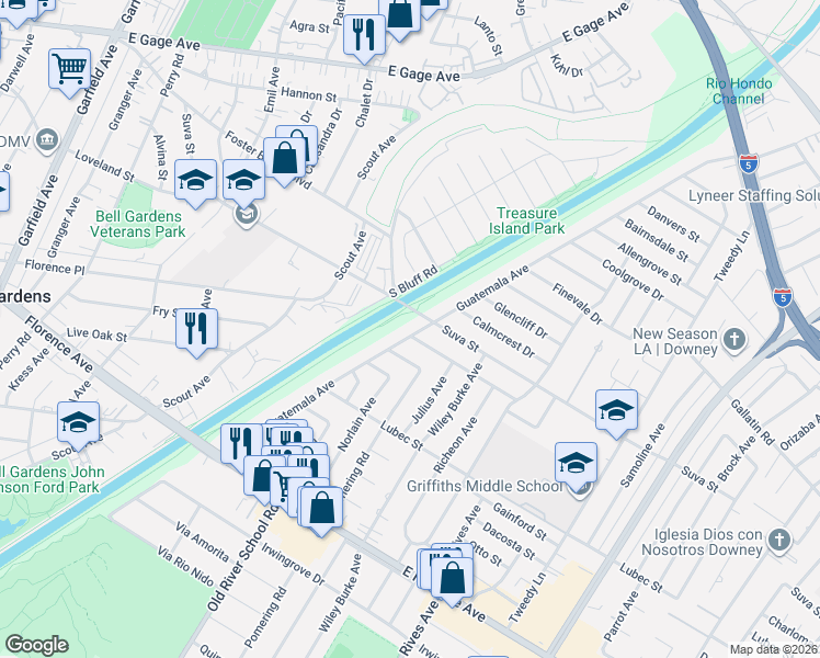 map of restaurants, bars, coffee shops, grocery stores, and more near 9515 Guatemala Avenue in Downey
