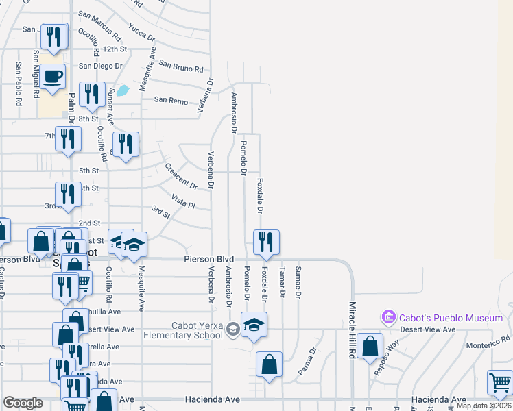 map of restaurants, bars, coffee shops, grocery stores, and more near 11581 Foxdale Drive in Desert Hot Springs
