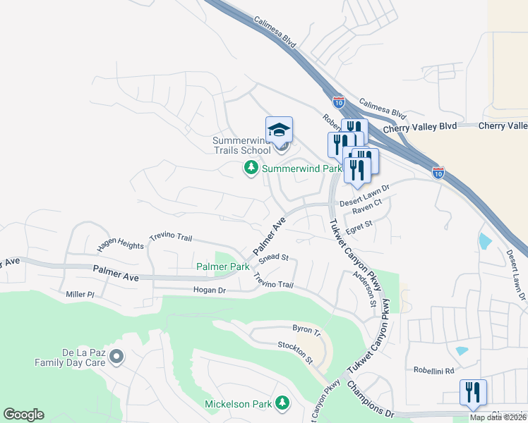 map of restaurants, bars, coffee shops, grocery stores, and more near 1216 Joshua Tree Road in Beaumont