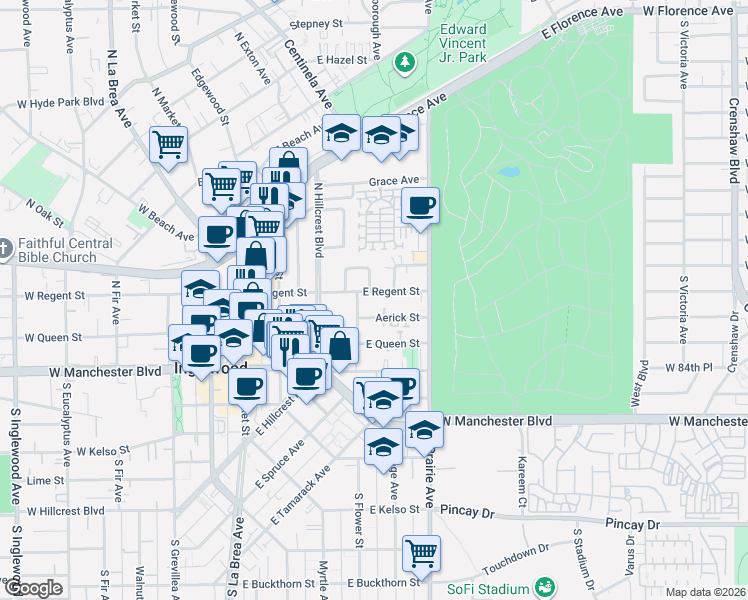 map of restaurants, bars, coffee shops, grocery stores, and more near 600 East Regent Street in Inglewood