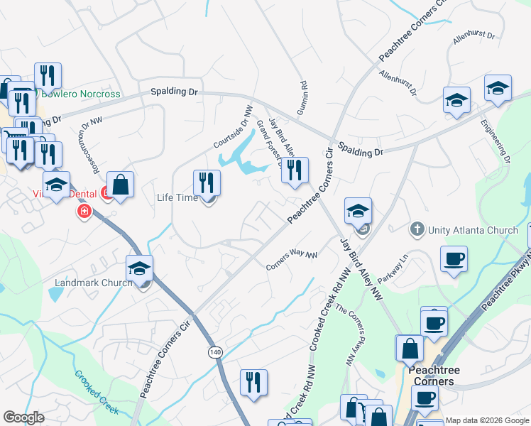map of restaurants, bars, coffee shops, grocery stores, and more near 402 Peachtree Forest Avenue in Norcross