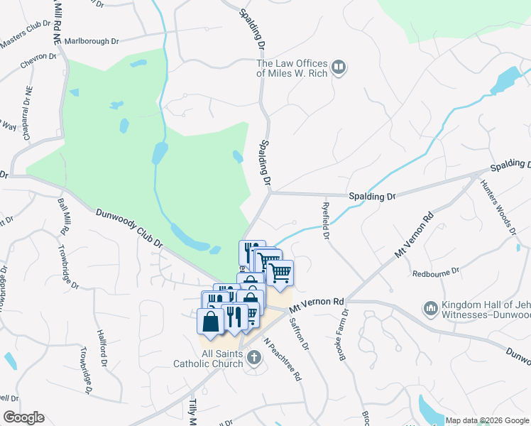 map of restaurants, bars, coffee shops, grocery stores, and more near 7705 Jett Ferry Road in Atlanta