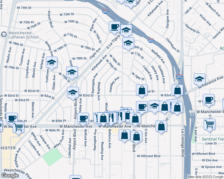map of restaurants, bars, coffee shops, grocery stores, and more near 8206 Handley Avenue in Los Angeles