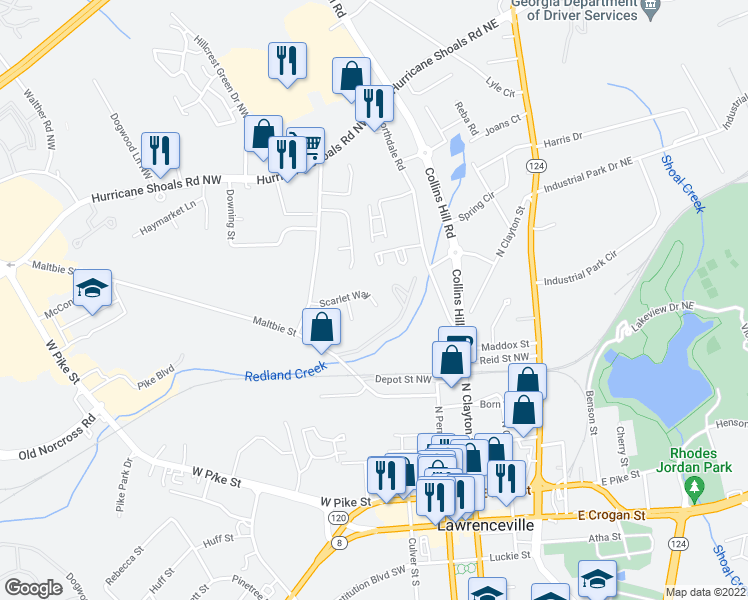 map of restaurants, bars, coffee shops, grocery stores, and more near 191 Scarlet Way in Lawrenceville