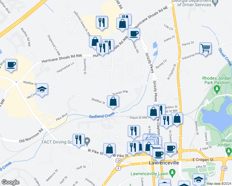 map of restaurants, bars, coffee shops, grocery stores, and more near 281 Scarlet Way in Lawrenceville