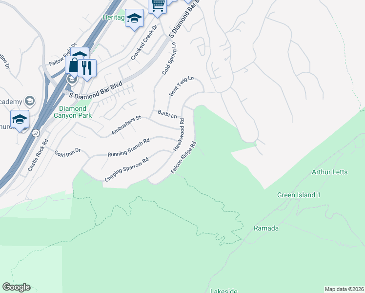 map of restaurants, bars, coffee shops, grocery stores, and more near 21598 Running Branch Road in Diamond Bar