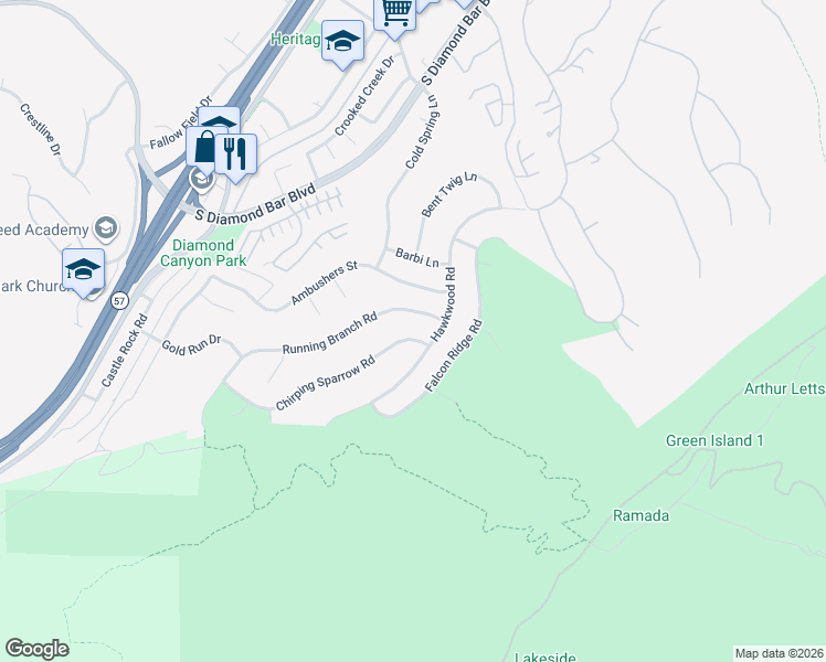 map of restaurants, bars, coffee shops, grocery stores, and more near 21514 Running Branch Road in Diamond Bar