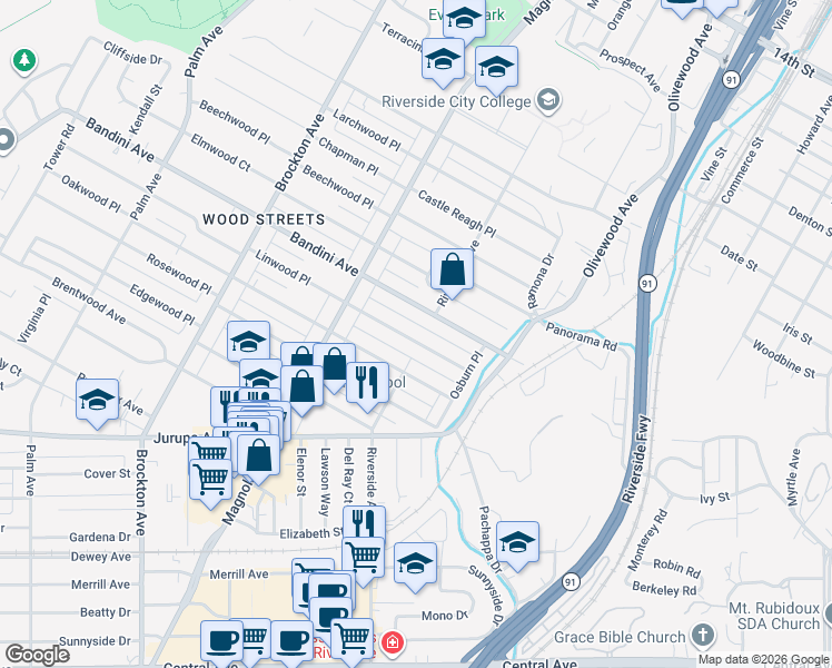map of restaurants, bars, coffee shops, grocery stores, and more near 3617 Linwood Place in Riverside
