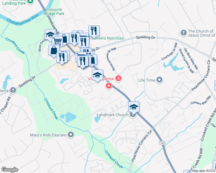 map of restaurants, bars, coffee shops, grocery stores, and more near 3885 Holcomb Bridge Road in Norcross