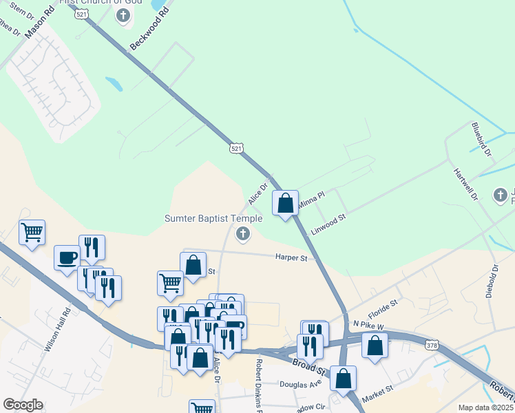 map of restaurants, bars, coffee shops, grocery stores, and more near 2287 Dartmouth Drive in Sumter