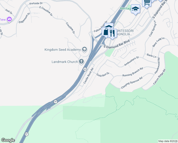 map of restaurants, bars, coffee shops, grocery stores, and more near 3531 Castlerock Road in Pomona
