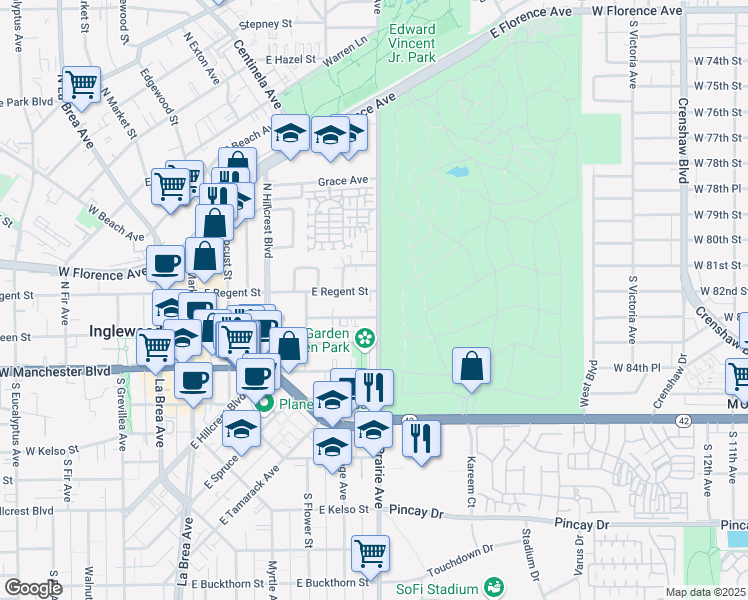 map of restaurants, bars, coffee shops, grocery stores, and more near 664 East Regent Street in Inglewood