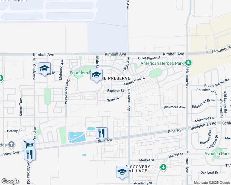map of restaurants, bars, coffee shops, grocery stores, and more near 8423 Explorer Street in Chino