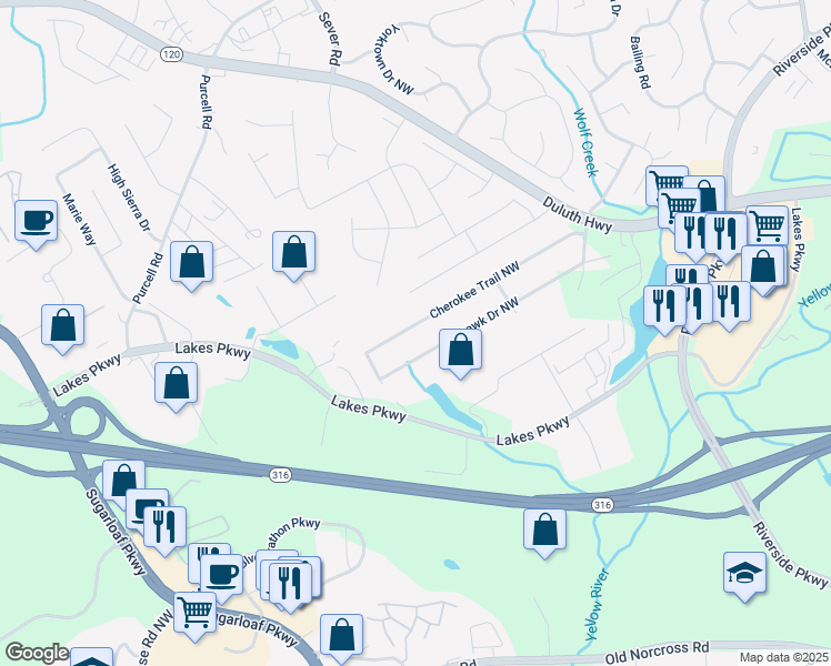 map of restaurants, bars, coffee shops, grocery stores, and more near 1432 Cherokee Trail Northwest in Lawrenceville