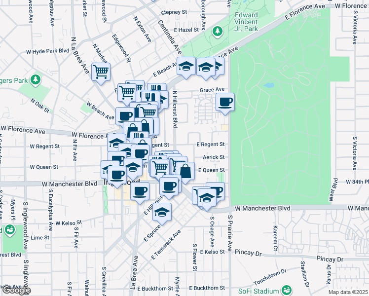map of restaurants, bars, coffee shops, grocery stores, and more near 516 East Regent Street in Inglewood