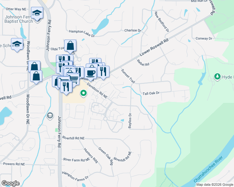 map of restaurants, bars, coffee shops, grocery stores, and more near 1304 Parkaire Crossing in Marietta