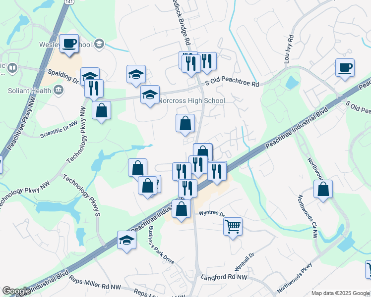 map of restaurants, bars, coffee shops, grocery stores, and more near 5196 Medlock Corners Drive in Norcross
