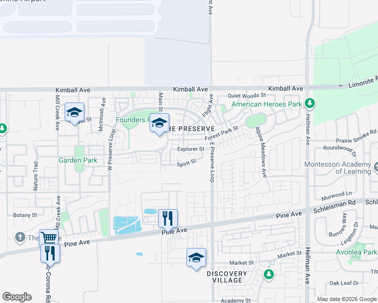 map of restaurants, bars, coffee shops, grocery stores, and more near 8407 Explorer Street in Chino