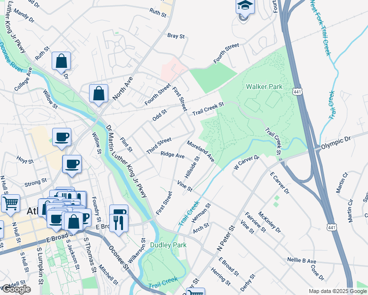 map of restaurants, bars, coffee shops, grocery stores, and more near 230 First Street in Athens