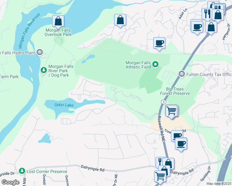 map of restaurants, bars, coffee shops, grocery stores, and more near 1202 Santa Fe Parkway in Sandy Springs