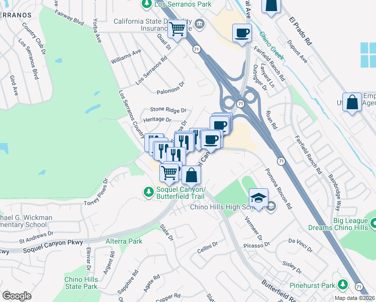 map of restaurants, bars, coffee shops, grocery stores, and more near 15944 Ellington Way in Chino Hills