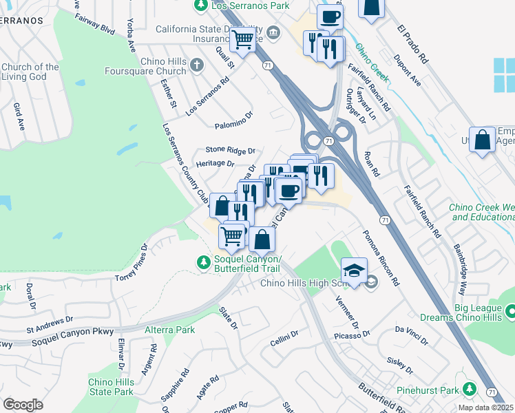 map of restaurants, bars, coffee shops, grocery stores, and more near 15944 Ellington Way in Chino Hills