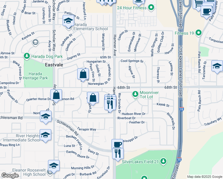 map of restaurants, bars, coffee shops, grocery stores, and more near 6800 Knightsbridge Court in Corona