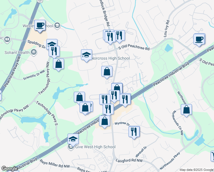map of restaurants, bars, coffee shops, grocery stores, and more near 3319 Medlock Bridge Road in Norcross