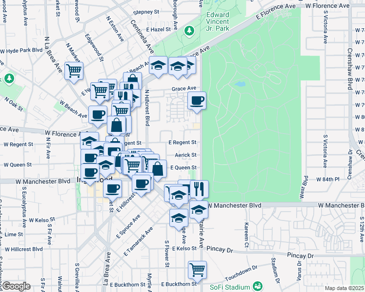 map of restaurants, bars, coffee shops, grocery stores, and more near 628 East Regent Street in Inglewood