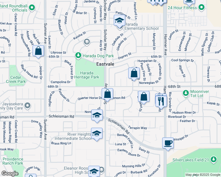 map of restaurants, bars, coffee shops, grocery stores, and more near in Eastvale
