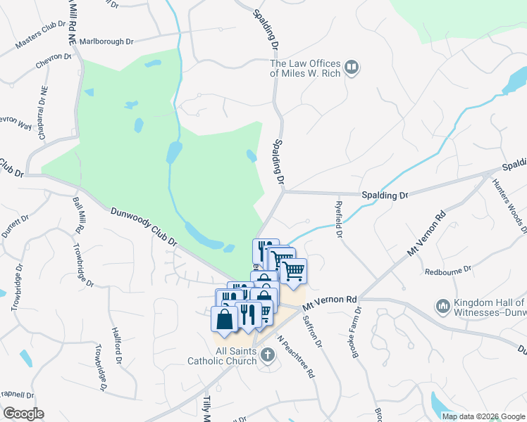map of restaurants, bars, coffee shops, grocery stores, and more near 7705 Jett Ferry Road in Atlanta
