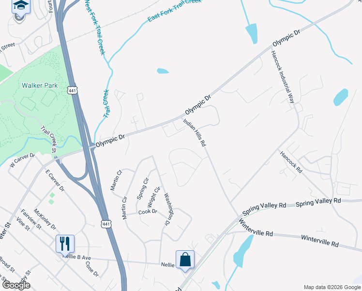 map of restaurants, bars, coffee shops, grocery stores, and more near 345 Woodridge Circle in Athens