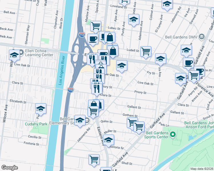map of restaurants, bars, coffee shops, grocery stores, and more near 5735 Priory Street in Bell Gardens