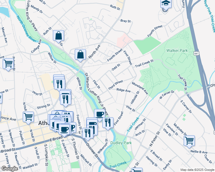 map of restaurants, bars, coffee shops, grocery stores, and more near 220 John Street in Athens