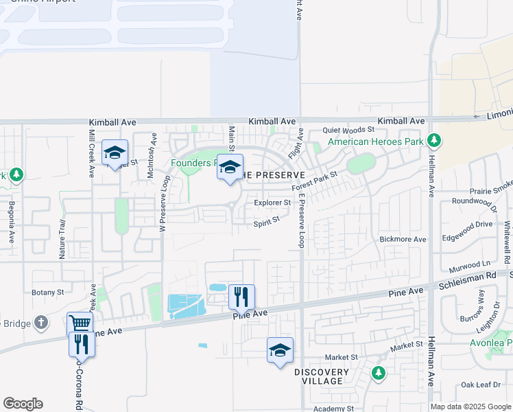 map of restaurants, bars, coffee shops, grocery stores, and more near 8367 Explorer Street in Chino