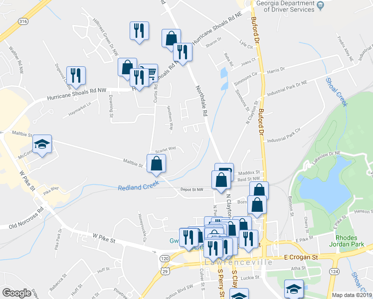 map of restaurants, bars, coffee shops, grocery stores, and more near 183 Scarlet Way in Lawrenceville