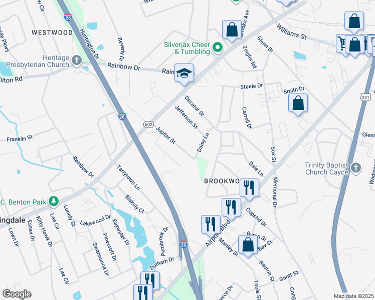 map of restaurants, bars, coffee shops, grocery stores, and more near 933 Jupiter Street in West Columbia