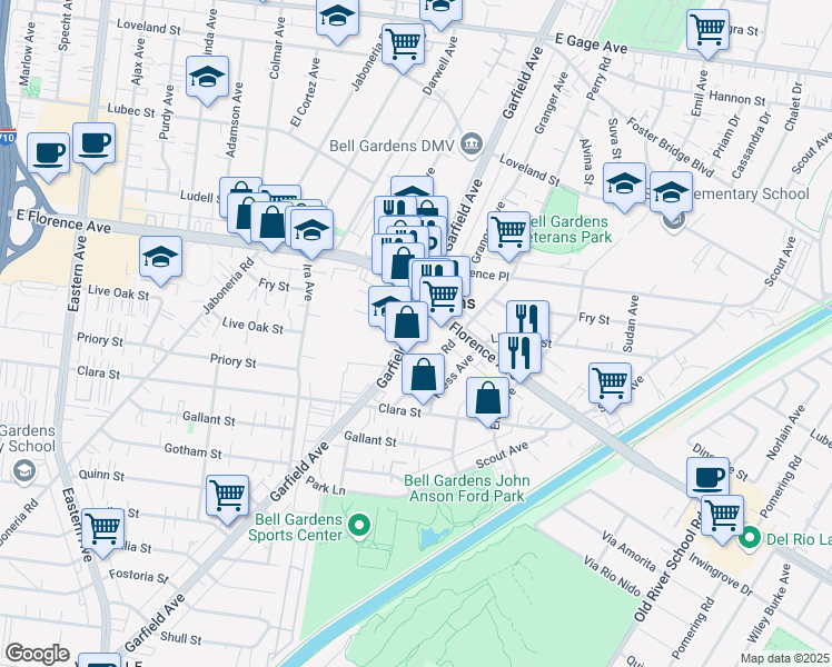 map of restaurants, bars, coffee shops, grocery stores, and more near 7330 Garfield Avenue in Bell Gardens