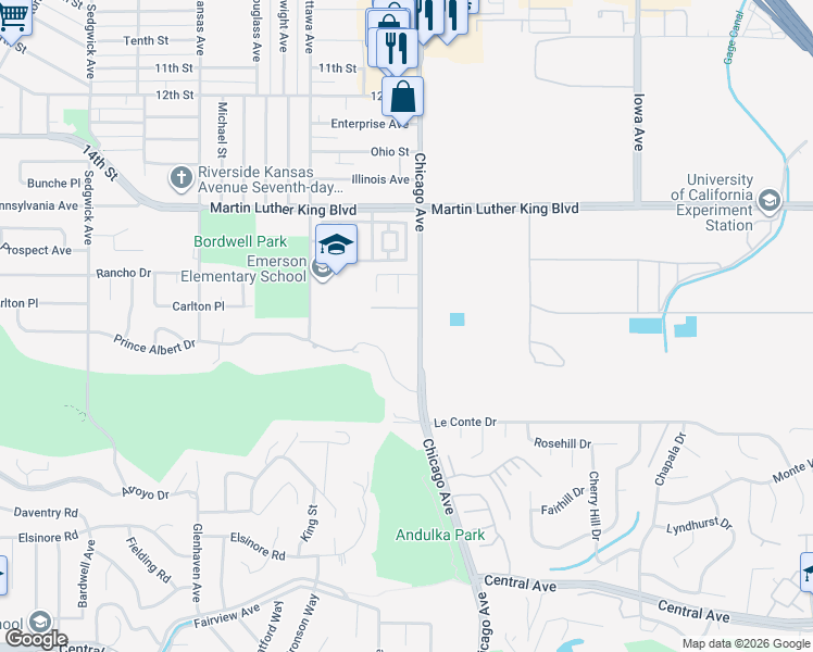 map of restaurants, bars, coffee shops, grocery stores, and more near 4785 Chicago Avenue in Riverside