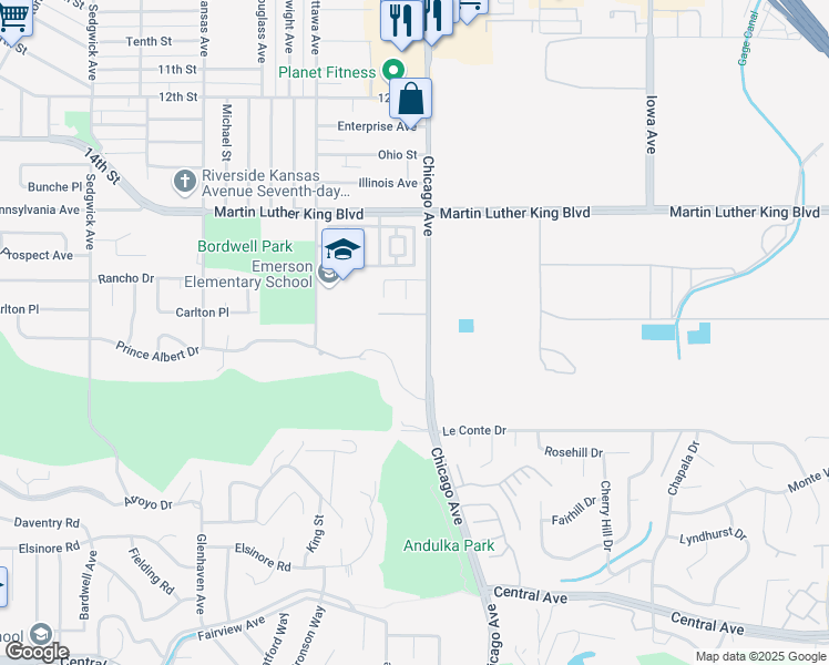 map of restaurants, bars, coffee shops, grocery stores, and more near 4785 Chicago Avenue in Riverside