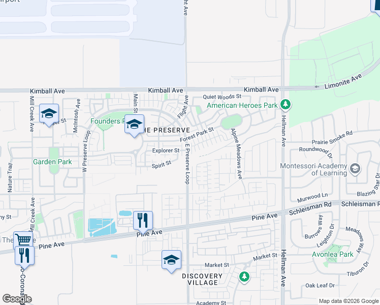 map of restaurants, bars, coffee shops, grocery stores, and more near 8511 Founders Grove Street in Chino