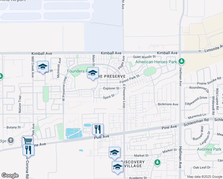 map of restaurants, bars, coffee shops, grocery stores, and more near 8423 Explorer Street in Chino