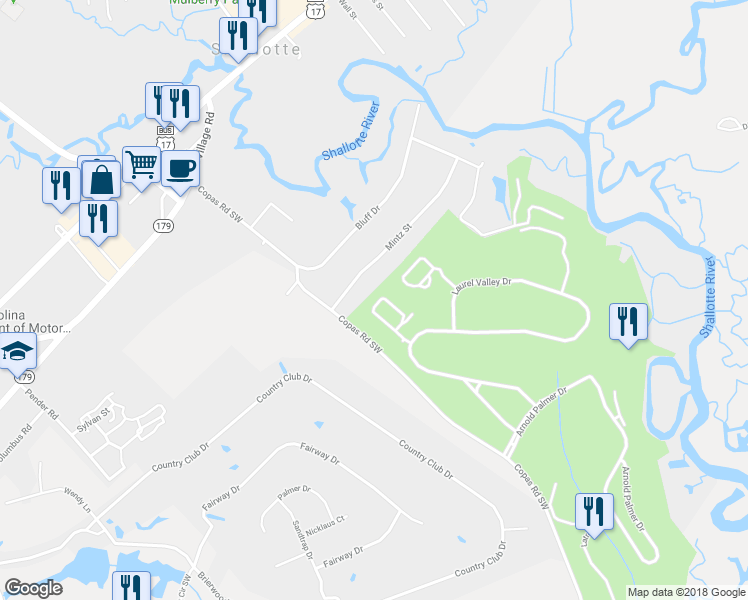 map of restaurants, bars, coffee shops, grocery stores, and more near 337 River Village Square in Shallotte