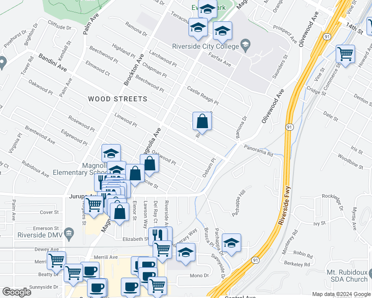 map of restaurants, bars, coffee shops, grocery stores, and more near 3617 Linwood Place in Riverside